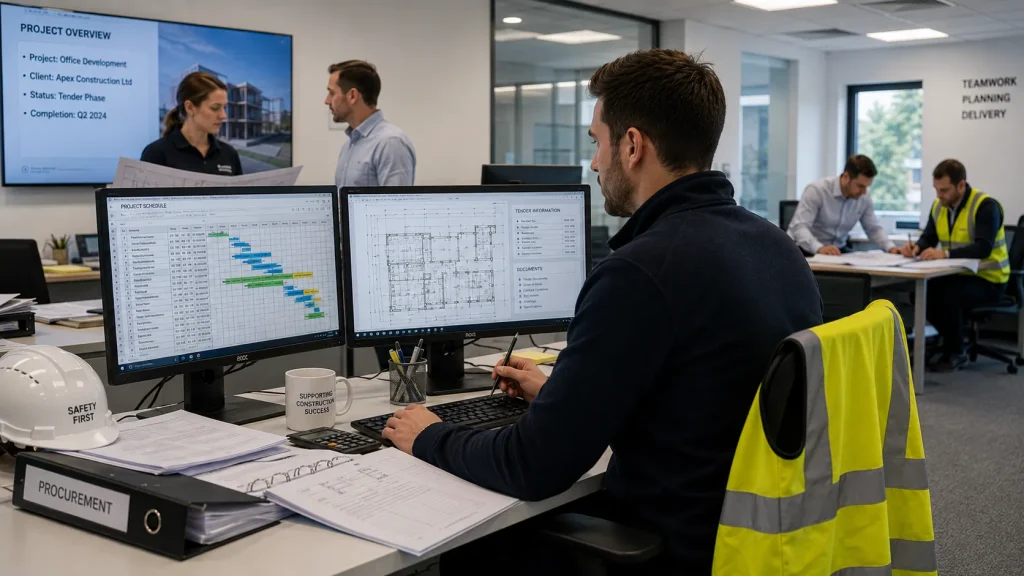 Construction support professional coordinating projects in a modern construction office.