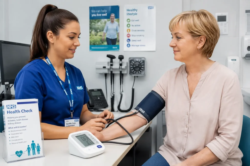 Health Care Assistant performing an NHS Health Check for a patient in a GP surgery in Carshalton.
