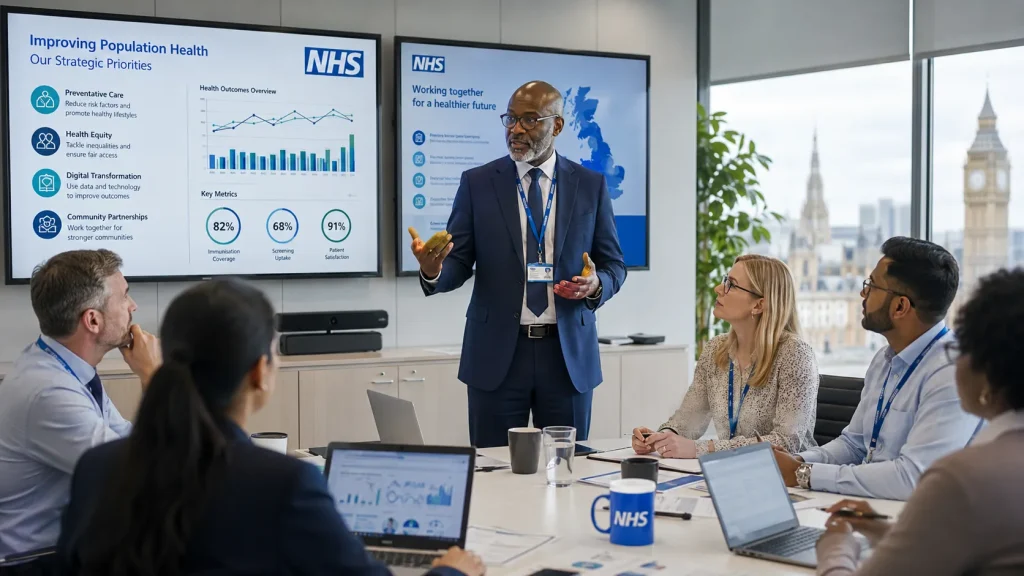 Assistant Director of Public Health leading an NHS public health strategy meeting in London.