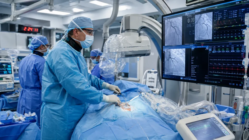 Interventional cardiologist performing a cardiac catheterization procedure in a modern cardiac catheterization laboratory.