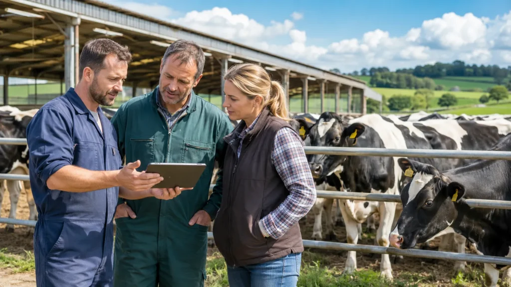 Regional sales representative discussing herd management solutions with dairy farmers on a modern Holstein dairy farm
