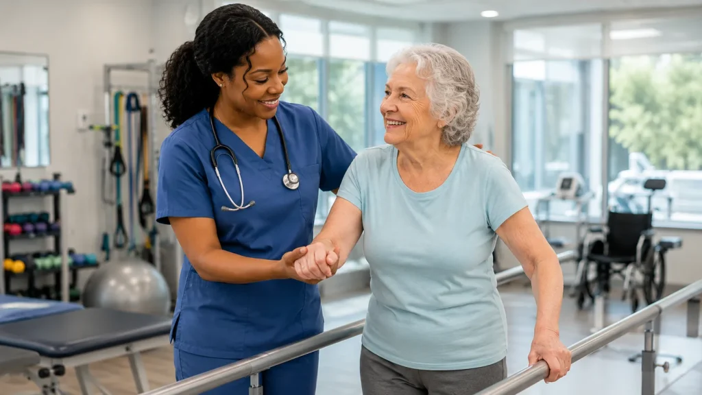 Registered nurse providing compassionate care to a resident inside a modern rehabilitation and long-term care facility.