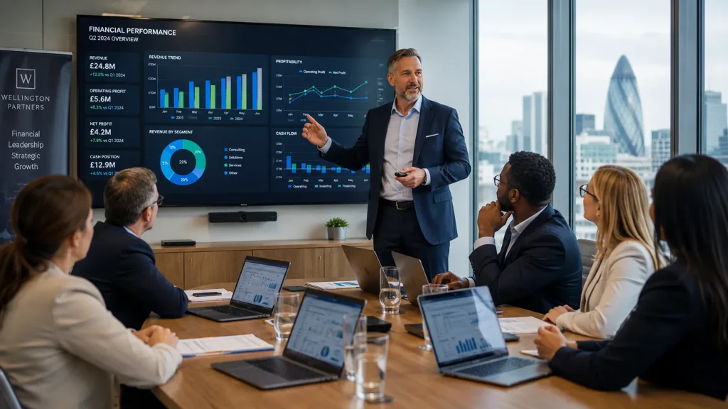 Head of Finance reviewing financial reports during a leadership meeting in a modern UK office.