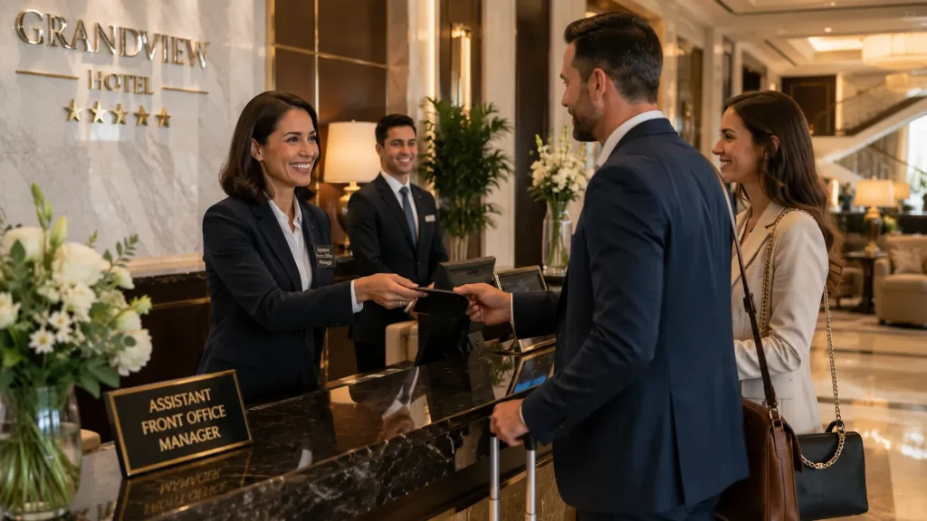 Assistant Front Office Manager assisting guests at the luxury Four Seasons Hotel Austin.