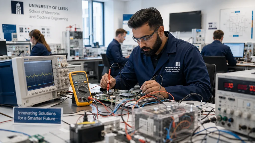 Electrical technician testing equipment in a university engineering laboratory.