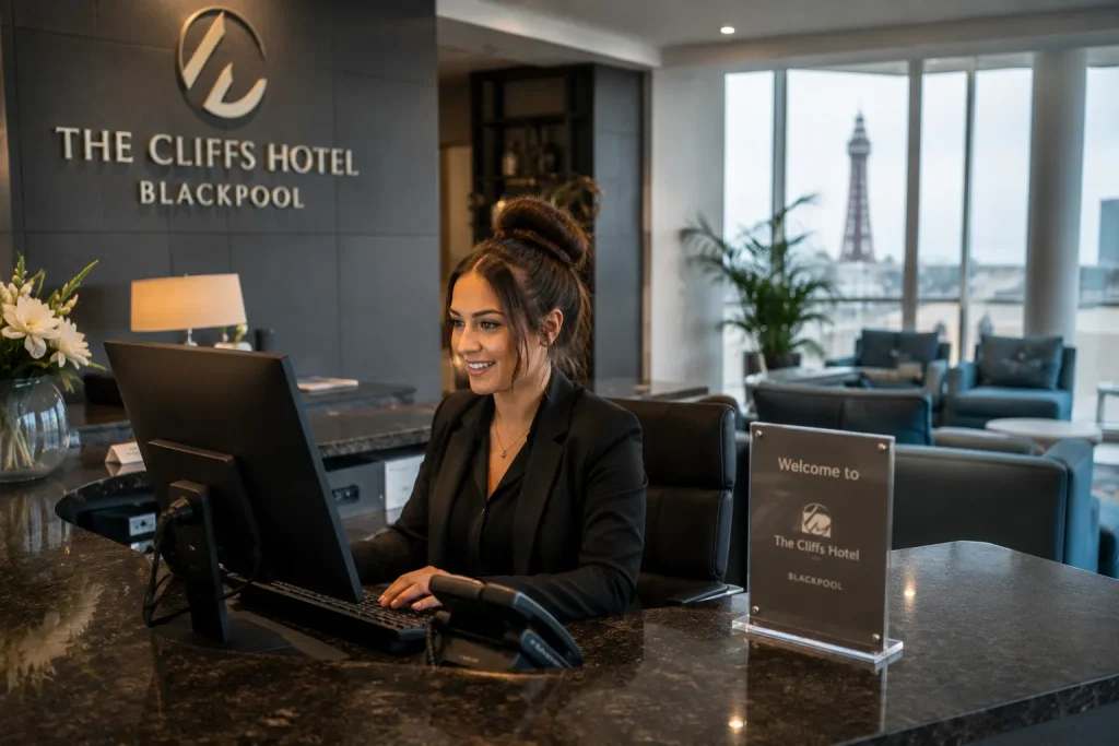 Hotel administrator managing reception and administrative tasks at a hotel in Blackpool, Lancashire.
