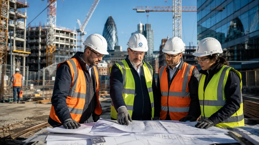 Construction Director leading a project team on a large commercial construction site.