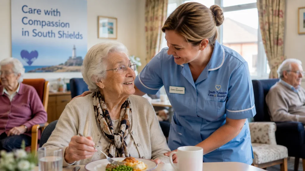 Care Assistant supporting an elderly resident in a care home in South Shields, United Kingdom.
