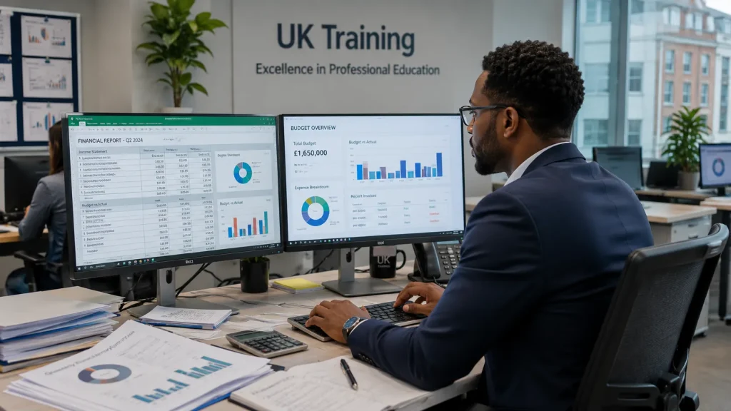 Finance Executive reviewing financial reports and budgets in a modern office.