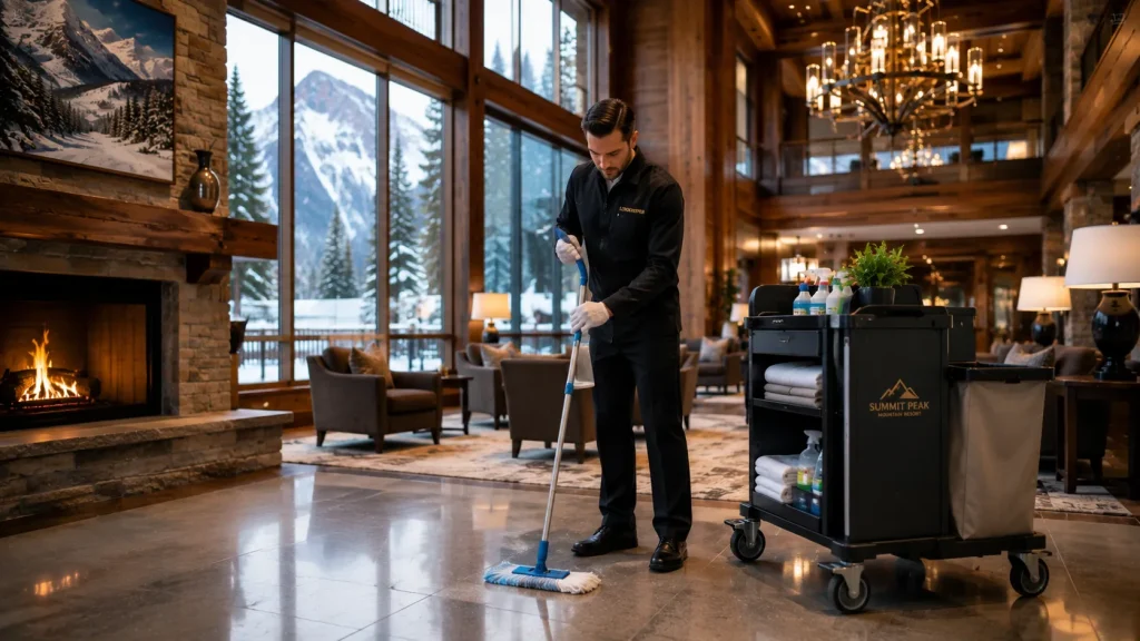 Lodgekeeper maintaining a luxury ski resort lobby at Yellowstone Club in Montana.