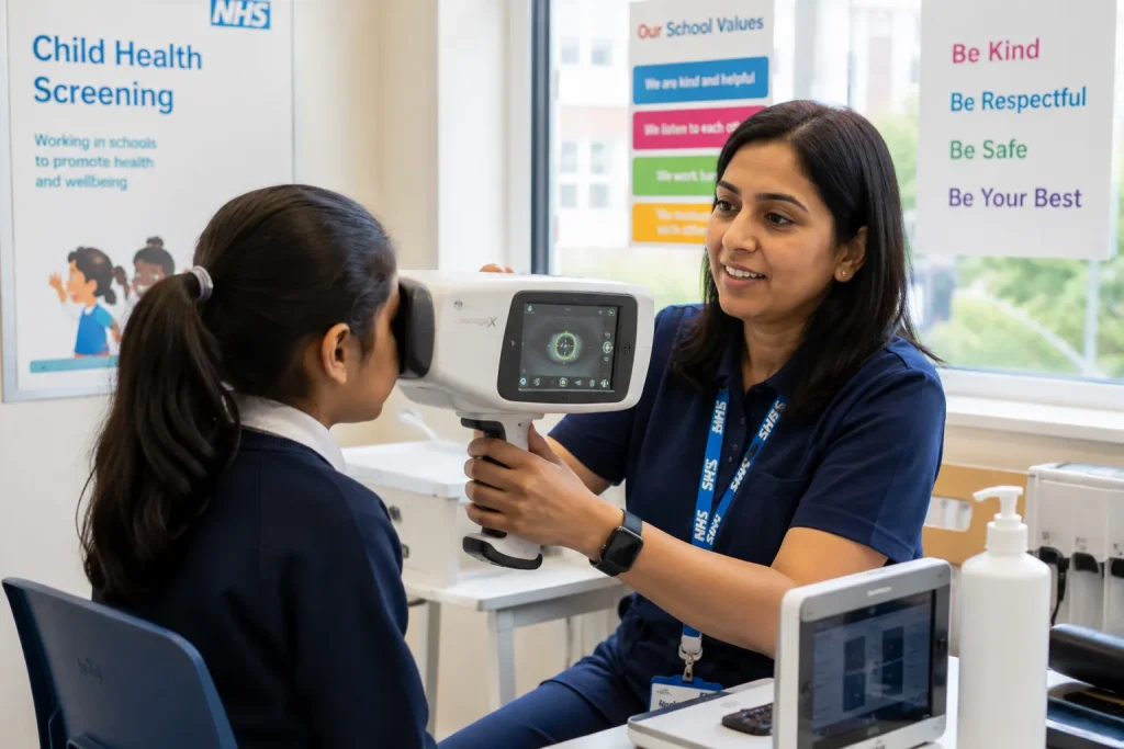Child Health Screener carrying out a school vision screening for a primary school child in London.