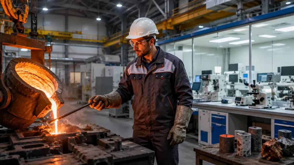 Metallurgical engineer inspecting molten metal during manufacturing operations in a modern foundry.