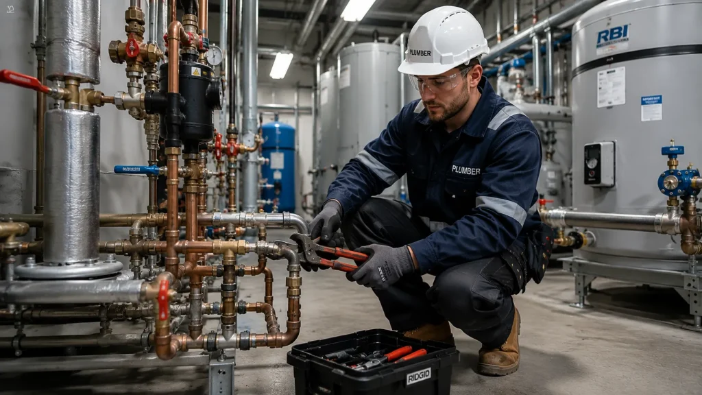 Professional plumber maintaining industrial boiler and pipework systems at a commercial facility.