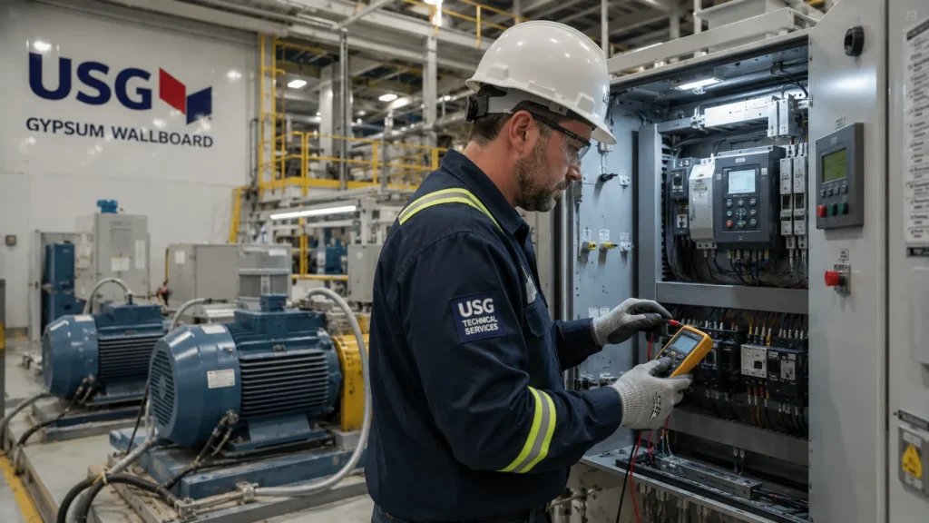 Industrial electrician maintaining electrical systems inside a modern manufacturing plant.