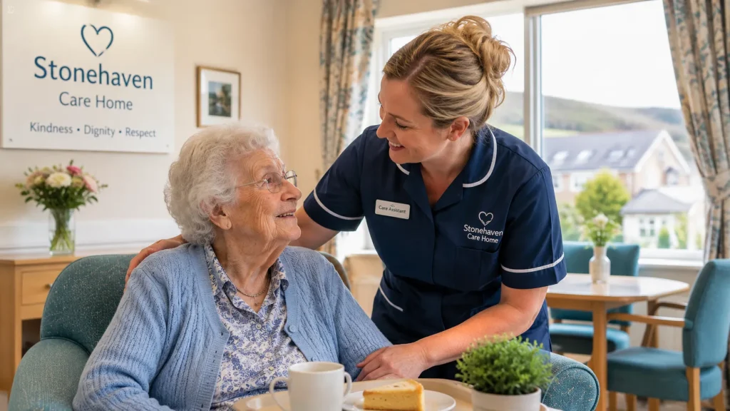 Care Assistant supporting an elderly resident in a residential care home in Stonehaven, Scotland.