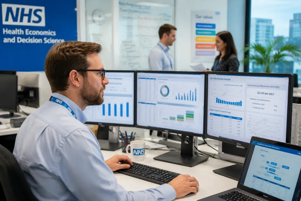 Health Economist analysing healthcare data and economic models in an NHS office in Wolverhampton.