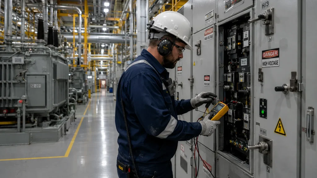 Industrial electrical maintenance technician servicing high-voltage electrical equipment at an industrial facility.