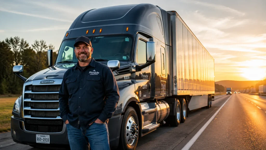Solo CDL-A truck driver with a modern long-haul semi-truck on the highway.
