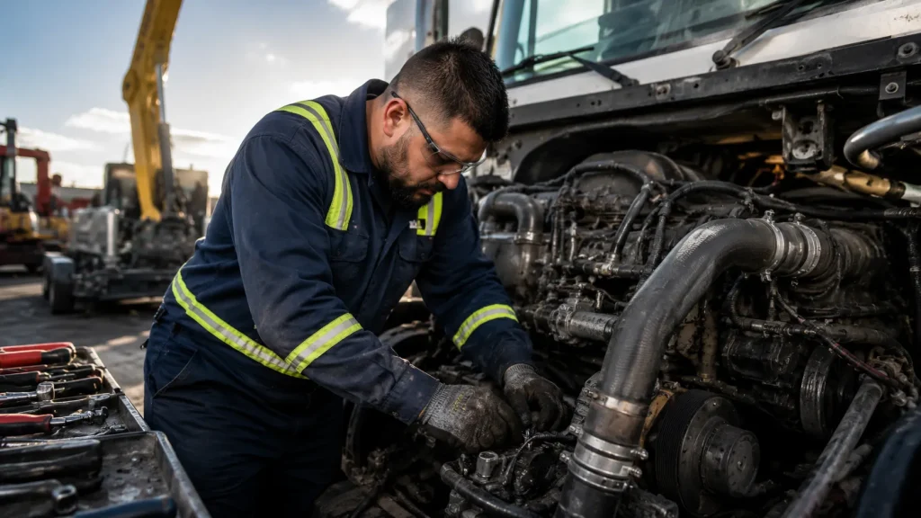 Diesel truck mechanic performing maintenance on a heavy-duty service vehicle during a roadside repair.