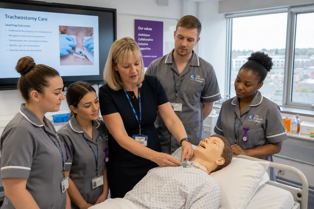 Health Lecturer teaching nursing students in a healthcare classroom at SGS College in Bristol.