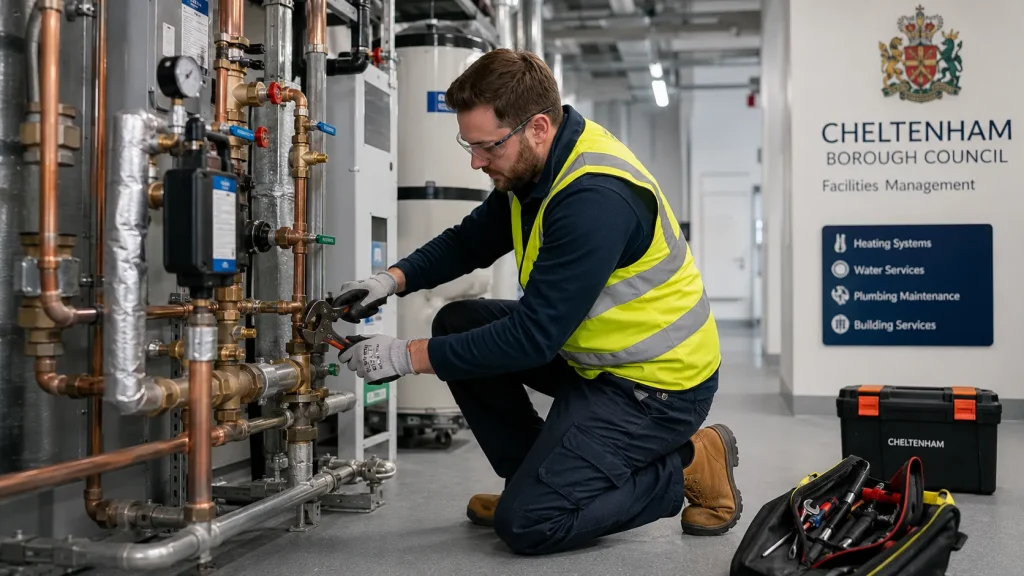 Professional plumber performing commercial plumbing maintenance in a facilities management building in Cheltenham.