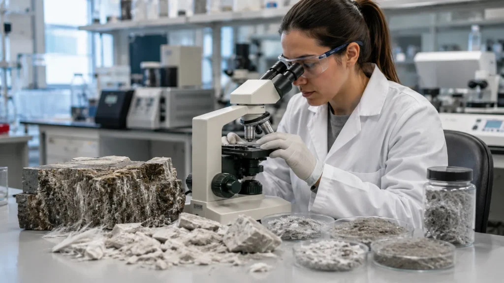 Environmental laboratory analyst testing asbestos and indoor air quality samples in a modern laboratory.
