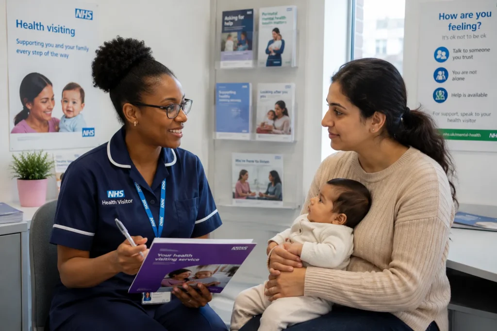 Specialist Health Visitor supporting a mother and baby during a perinatal mental health consultation in London.