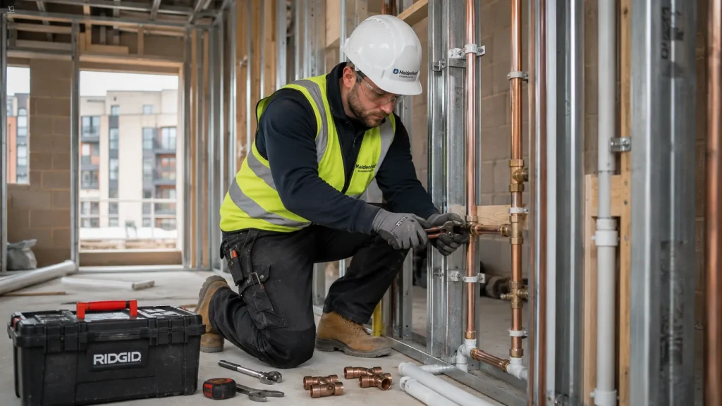 Qualified plumber installing pipework on a new-build residential development in Maidenhead.