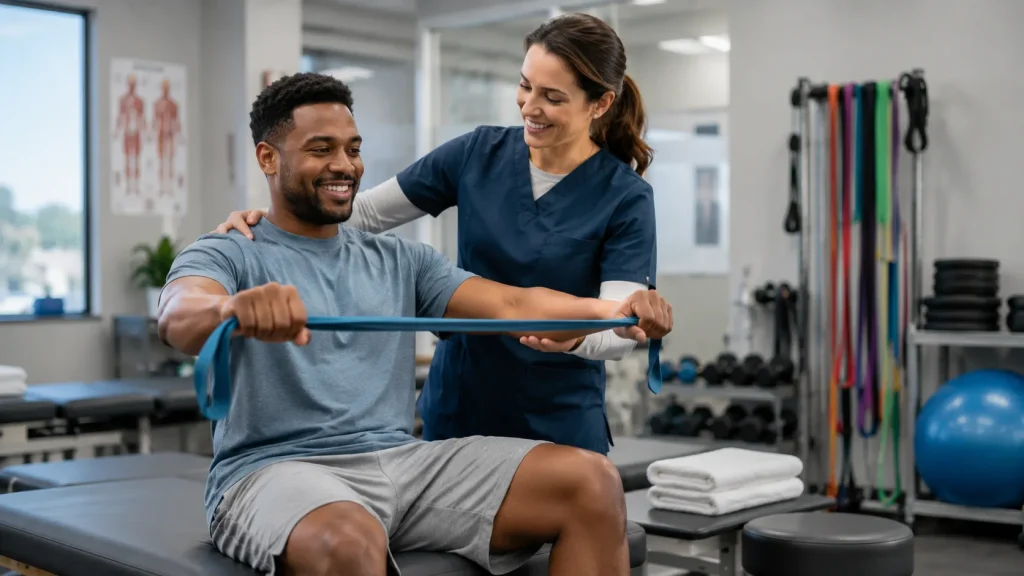 Physical therapist helping a patient perform rehabilitation exercises inside a modern orthopedic clinic.