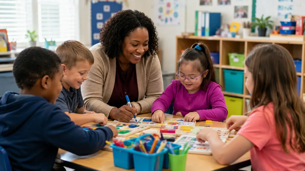 Special education teacher providing individualized instruction to students in an inclusive classroom in Pennsylvania.