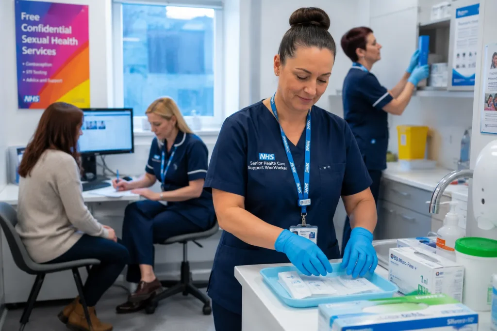 Senior Health Care Support Worker assisting patients in an NHS sexual health clinic in Weston-super-Mare.