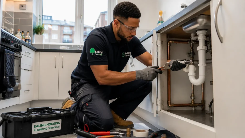 Professional plumber carrying out maintenance work in a social housing property in Ealing, London.