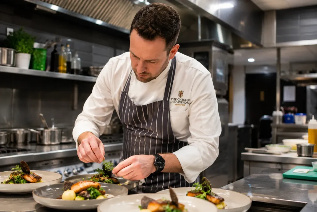 Professional hotel chef preparing meals in a luxury hotel kitchen in Knutsford, Cheshire.