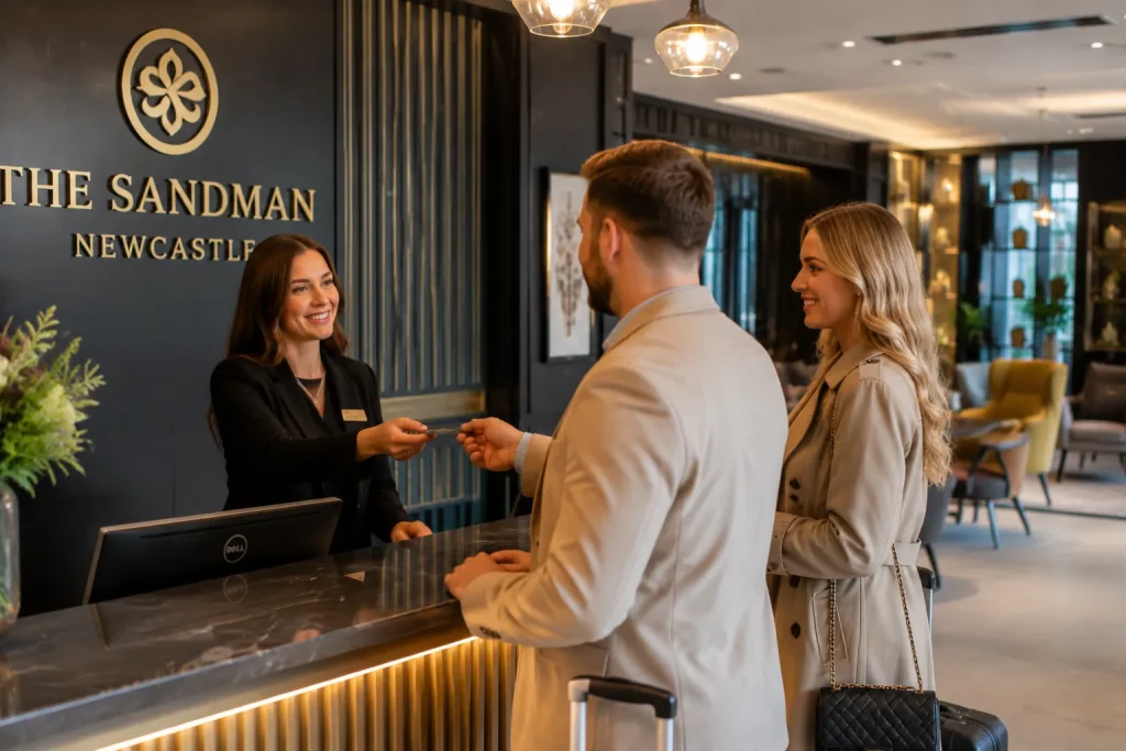 Hotel receptionist welcoming guests at Dakota Hotel Newcastle reception desk.