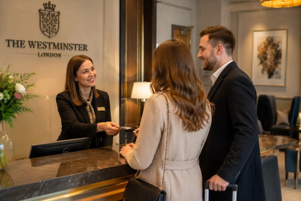 Hotel receptionist welcoming guests at the reception desk of Thistle Park Lane in Westminster, London.